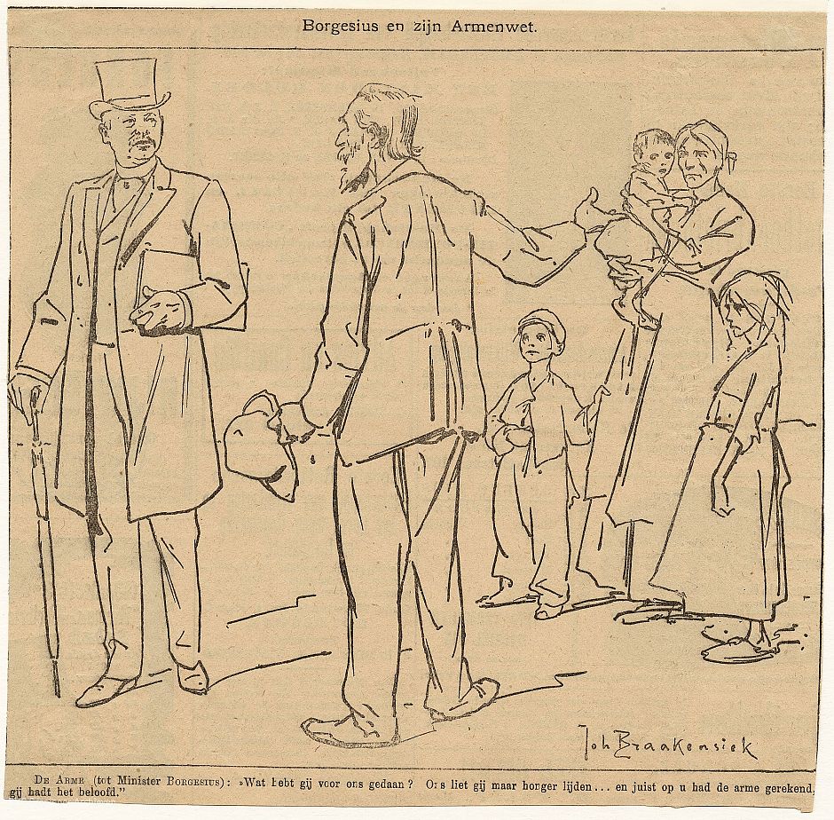 <p>Spotprent op de armenwet van Goeman Borgesius door&nbsp;Joh. Braakensiek, gepubliceerd in De Amsterdammer, 1901. - Beeld: www.beeldbankgroningen.nl (1536-7385)</p>
