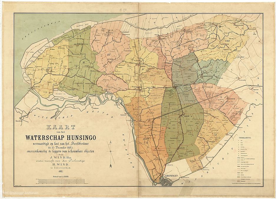 <p>Kaart van het waterschap Hunsingo vervaardigd op last van het hoofdbestuur d.d. 15 december 1885. - Kaart:&nbsp;J. Wind Hzn, Collectie Groninger Archieven</p>
