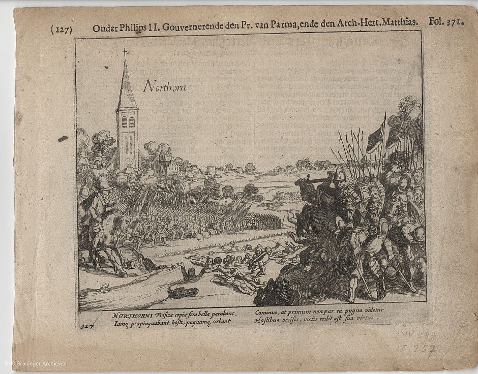 De Slag bij Noorhorn. - Prent uit ca. 1600-1700, www.beeldbankgroningen.nl (0817-10257)