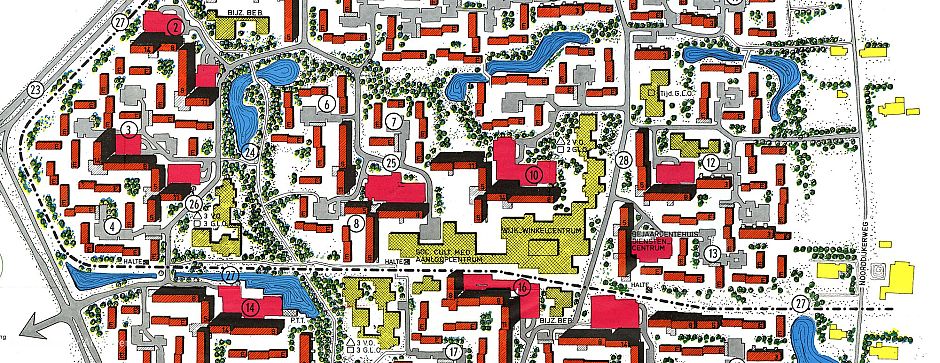 <p>Folder ten behoeve van nieuwe bewoners van de wijk Lewenborg, 1972 (detail). - Folderontwerp: Margro groep, Groningen, Collectie Groninger Archieven</p>
