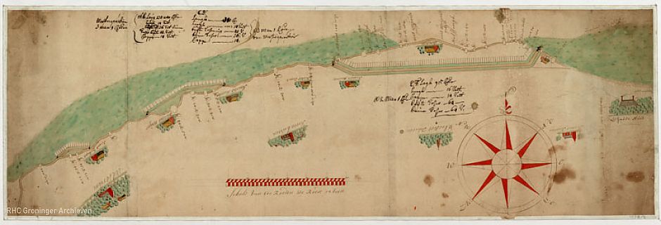 Kaart van de vernielde en nieuw aan te leggen zeedijken door B. Heijne, 1718, RHC Groninger Archieven (818-1078)