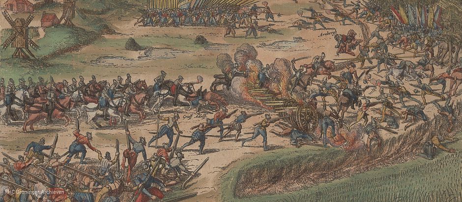 De slag bij Heiligerlee in 1568 (detail). - Prent: F. Hogenberg, ca. 1568-1600, www.beeldbankgroningen.nl (0817-10242)