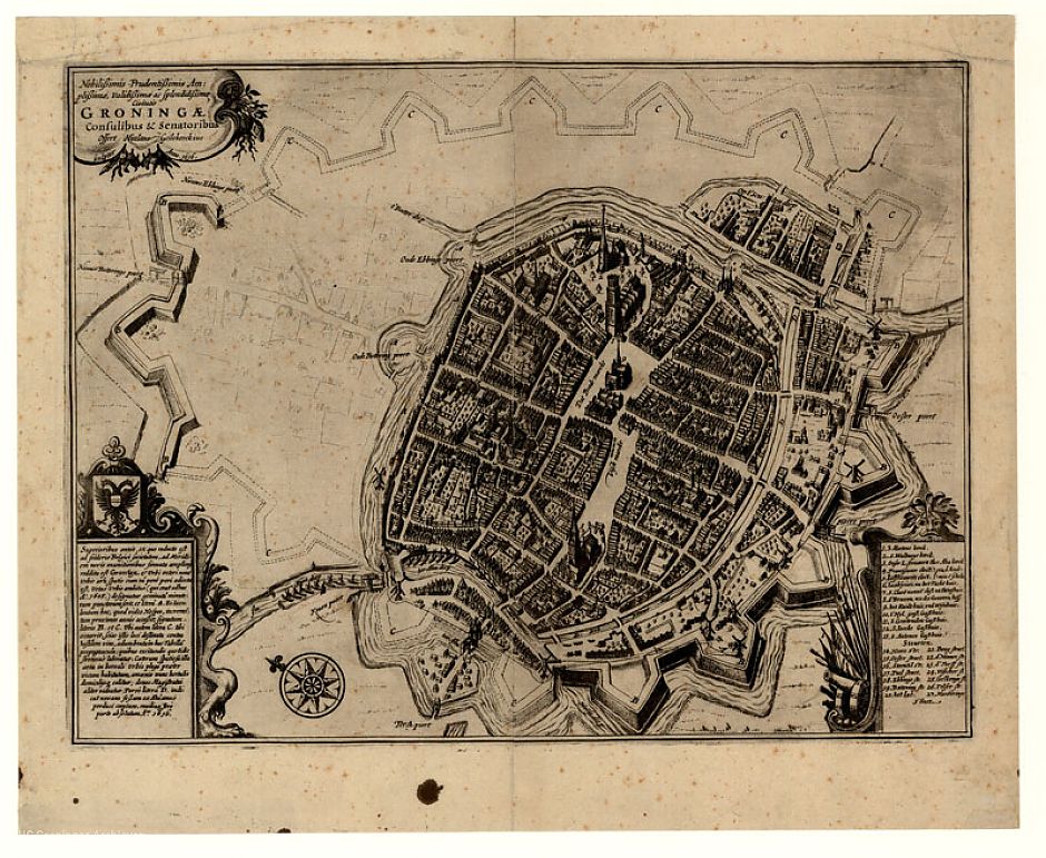 Kaart van de stadsuitleg, gravure Nicolaes Geelkercken, 1616, RHC Groninger Archieven (1536-3754)