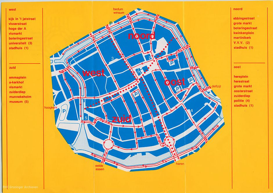 Lussenkaart Verkeersplan binnenstad Groningen, ontwerp Abe Kuipers, detail, 1977, RHC Groninger Archieven (1774-3082/12)