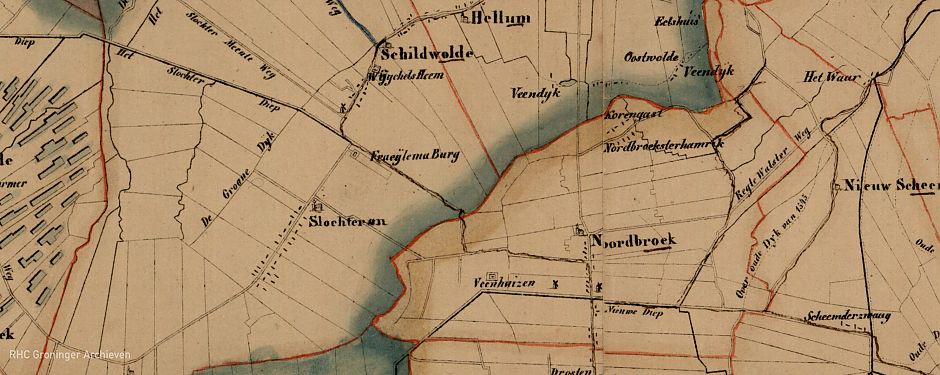 De verdeling van het land rondom Slochteren in lange kavels. - Kaart: J.H. Jappé (detail), 1838, www.beeldbankgroningen.nl (1536-6324)