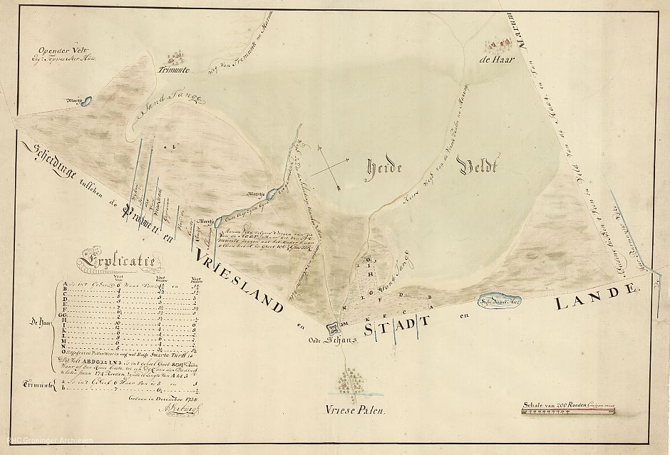 <p>Op een kaart uit 1758 is duidelijk te zien dat het heideveld tussen het Friese Trimunt en het Groningse De Haar een ideaal gebied is voor smokkelaars. &ndash; Kaart: A. Verburgh, Groninger Archieven</p>
