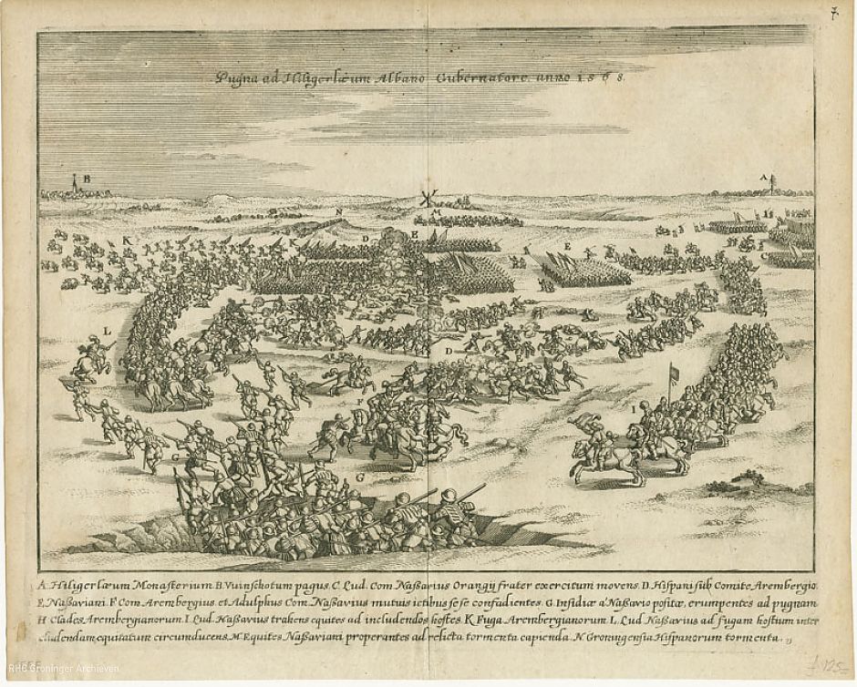 Slag bij Heiligerlee, gravure, ca. 1630, RHC Groninger Archieven (1536-4565)