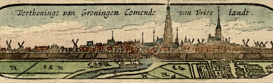 <p>&#39;Vertoninghe van Groningen Comende van Vrieslant&#39;, detail van de kaart van Haubois (1652). - www.beeldbankgroningen.nl (2376-024)</p>
