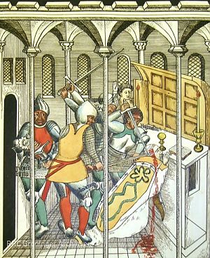 De moord op Thomas Becket in de kathedraal van Canterbury.