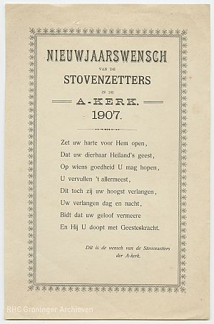 Nieuwjaarswens van de stovenzetters van de A-kerk (1907)  - Collectie RHC Groninger Archieven (2329-8).