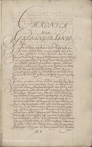 De kroniek van Sicke Benninge, eerste pagina van een afschrift uit de 18e eeuw. Dit afschrift begint met deel II: de kroniek van Johan van Lemego. Collectie RHC Groninger Archieven (835-1a, p. 1).