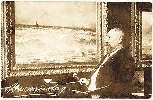 <p>Hendrik Willem Mesdag, groot van postuur, voor een van zijn schilderijen, ca. 1890. - Foto: collectie Groninger Archieven</p>
