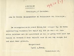 Briefje van A. Kraak uit 1929, waarin hij vraagt of hij weer aan het werk mag bij de werkverschaffing. Hij heeft een meningsverschil gehad met de opzichters.