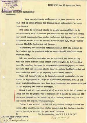 De brief van de burgemeester van Delfzijl aan zijn collega te Appingedam, waarin hij de uitbreiding van het aantal dansavonden 'absoluut ongewenscht' vindt.