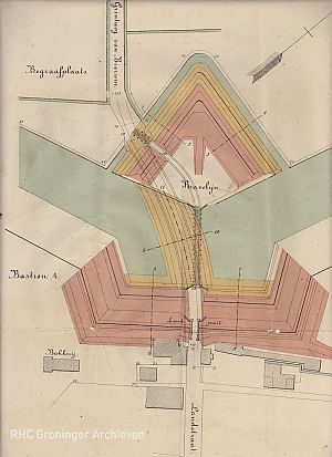 Fragment van de bestektekening, ca. 1877. De Landpoort werd behouden, de rest van de vesting werd gesloopt. 