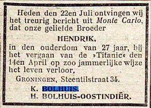 Hennies overlijdensbericht - Collectie familie Bolhuis