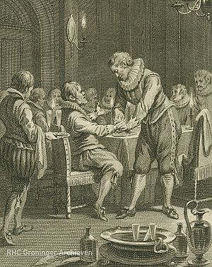 <p>&quot;De graaf van Rennenberg, de Spaanse zijde omhelsd hebbende, verzekert de burgemeester van Groningen van zijn trouw aan de staten, 2 maart 1580.&quot; - Prent: J. Buys, 1792, collectie Groninger Archieven</p>
