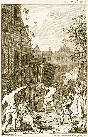 <p>Rellen in Groningen in 1748. &ndash; Prent: Reinier Vinkeles, collectie Groninger Archieven</p>
