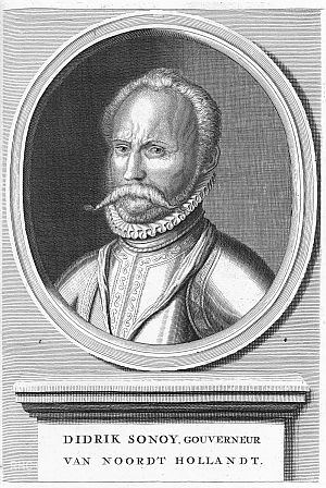 Diederik Sonoy Vries edelman, gouverneur van Noordholland ende Waterland. Gestorven MDLXXVIII - Prent van  J. Punt, www.beeldbankgroningen.nl (1536-4364)