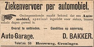 Reclame voor ziekenvervoer per auto - Advertentie uit "Nieuwsblad van het Noorden" (26-8-1908)