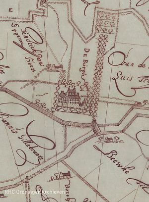 <p>&#39;Rust een weinig&#39; ten zuiden van de borg bij de &#39;Beewke Til&#39; op de kaart van Pieter Geerdts uit 1683. &ndash; Kaart: collectie Groninger Archieven</p>
