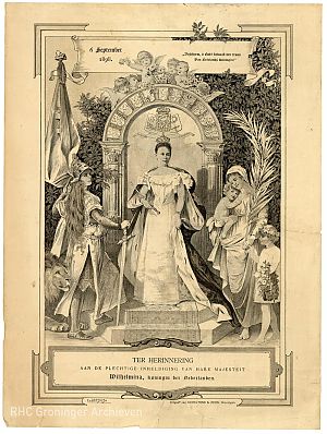 <p>Herinneringsprent aan de inhuldiging van Wilhelmina, door C. Jetses, 1898. - Collectie Groninger Archieven</p>
