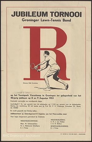 Affiche Jubileumvan het toernooi van de Groninger Lawn Tennis Bond (1953)  - Ontwerp: Hilda Vorenkamp.