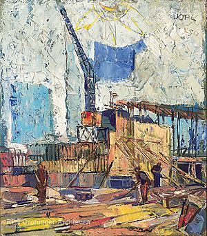 'Nieuwe werken Delfzijl, Sluis Farmsum', schilderij van J.G. Jordens uit 1956.