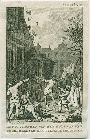 'Het plunderen van het huys van den burgemeester Geertsema te Groningen', gravure, 1785, RHC Groninger Archieven (1536-4611)