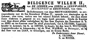 Advertentie voor de postkoetsdienst Lemmer - Groningen uit 1847, binnenbuitenpost.nl